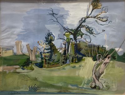 une peinture sur le mur d'un immeuble, avec un arbre au premier plan