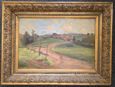 une peinture à l'huile représentant une route de campagne avec une clôture au premier plan