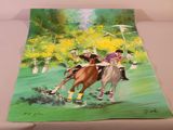 un tableau représentant deux personnes à cheval dans un champ