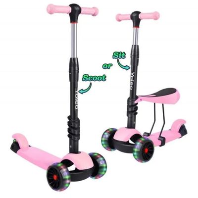 a pair of pink scooters with black wheels and pink wheels