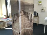 a room divider that has a picture of a boat on it