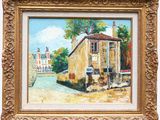 a painting of an old house in a gold frame on a white background