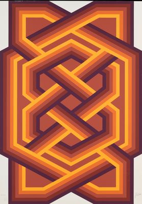un motif géométrique orange et marron sur fond blanc