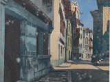 a painting of a street with buildings on both sides of it