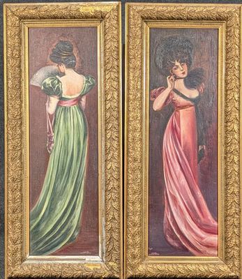 two paintings of a woman in a green dress and a woman in a pink dress