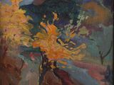 une peinture à l'huile représentant un arbre dans un vase posé sur une table