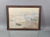 painting of a boat on a river with a man in a boat on the water