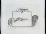 a drawing of a dachshund and other dogs running