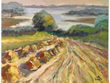 an oil painting of a dirt road in a field with a lake in the background