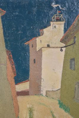 un tableau représentant une scène de rue avec des bâtiments et une tour horloge