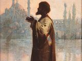 an image of a painting of a man reading a book by the water