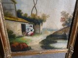 a picture of a painting of a woman and a cow by a house