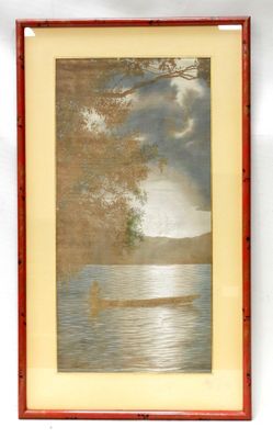 framed picture of a painting of a lake with a tree in the foreground