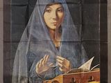 une affiche de film italienne représentant une femme en train de lire un livre, la tête voilée