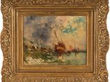 a painting of a boat in a body of water with a sky in the background