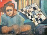 un tableau représentant un homme assis sur une chaise en train de lire un journal