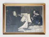 an old picture of two men sitting at a table with a sheet of paper in front of them