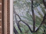 an oil painting of a tree in a forest by a brick wall
