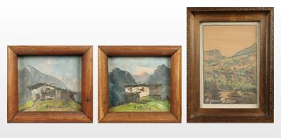three framed paintings of a mountain scene with a village in the background
