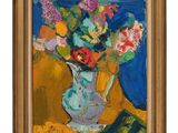 an image of a painting of flowers in a vase on a table