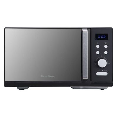the microwave is black and silver with a digital clock on the side