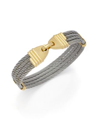 un bracelet en câble gris avec un fermoir doré sur fond blanc