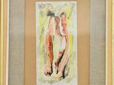 framed watercolor painting of a woman and a horse by a brick wall
