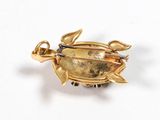 a gold turtle brooch on a white surface