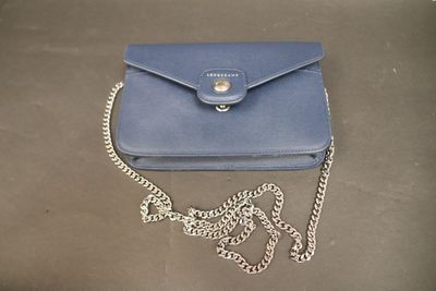 LONGCHAMP Sac de soirée en toile enduite bleu anse métal arg…