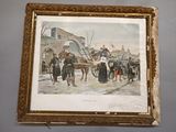framed picture of a painting of a horse drawn carriage being pulled by a man