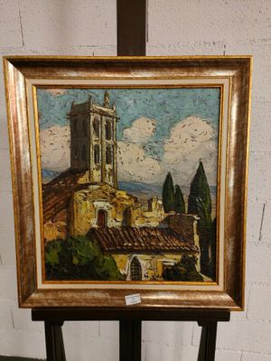 une peinture à l'huile d'une église avec un clocher en arrière-plan