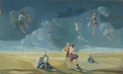 a painting of a group of people flying in the sky