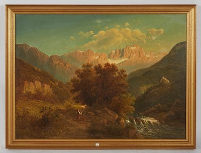 peinture représentant un paysage de montagne avec une rivière et une chaîne de montagnes en arrière-plan