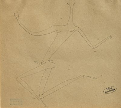 un vieux dessin représentant un homme sur un skateboard, un bâton à la main