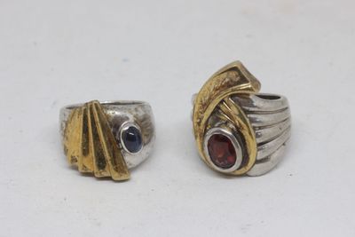 two silver and gold rings with garnets and garnets on them