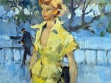 an oil painting of a woman in a yellow dress with a bird on her shoulder