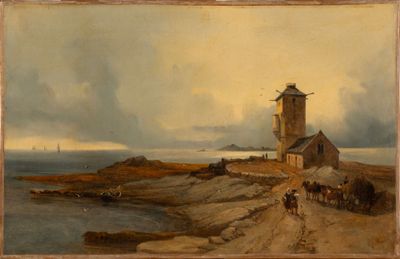 an image of a painting of a lighthouse on a rocky shore