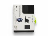 a close up of a black notebook on a white surface