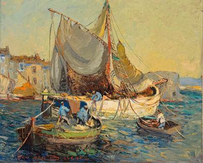 une peinture représentant un bateau dans l'eau avec d'autres bateaux dans l'eau
