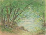 painting of a dirt road with trees on both sides and a sign on the other side