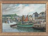 a painting of a harbor scene with boats in the water