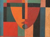 peinture abstraite représentant le visage d'une femme sur un fond multicolore
