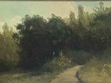 une peinture d'un chemin de terre avec des arbres en arrière-plan