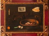 painting of a still life with a bowl of food and a candle on a table
