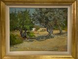 une photo d'un tableau représentant une scène de vie à la ferme, dans un cadre doré