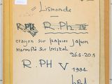 an old picture of a sign with writing on it in front of a wall