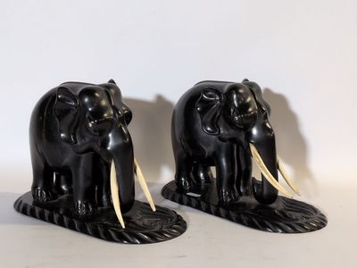 deux éléphants noirs avec des défenses sur un fond blanc
