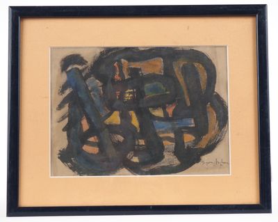 tableau représentant une œuvre abstraite noire et jaune, dans un cadre noir
