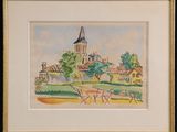 an image of a watercolor painting of a village with a church