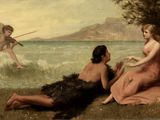 une image représentant un tableau où l'on voit deux femmes assises sur une plage